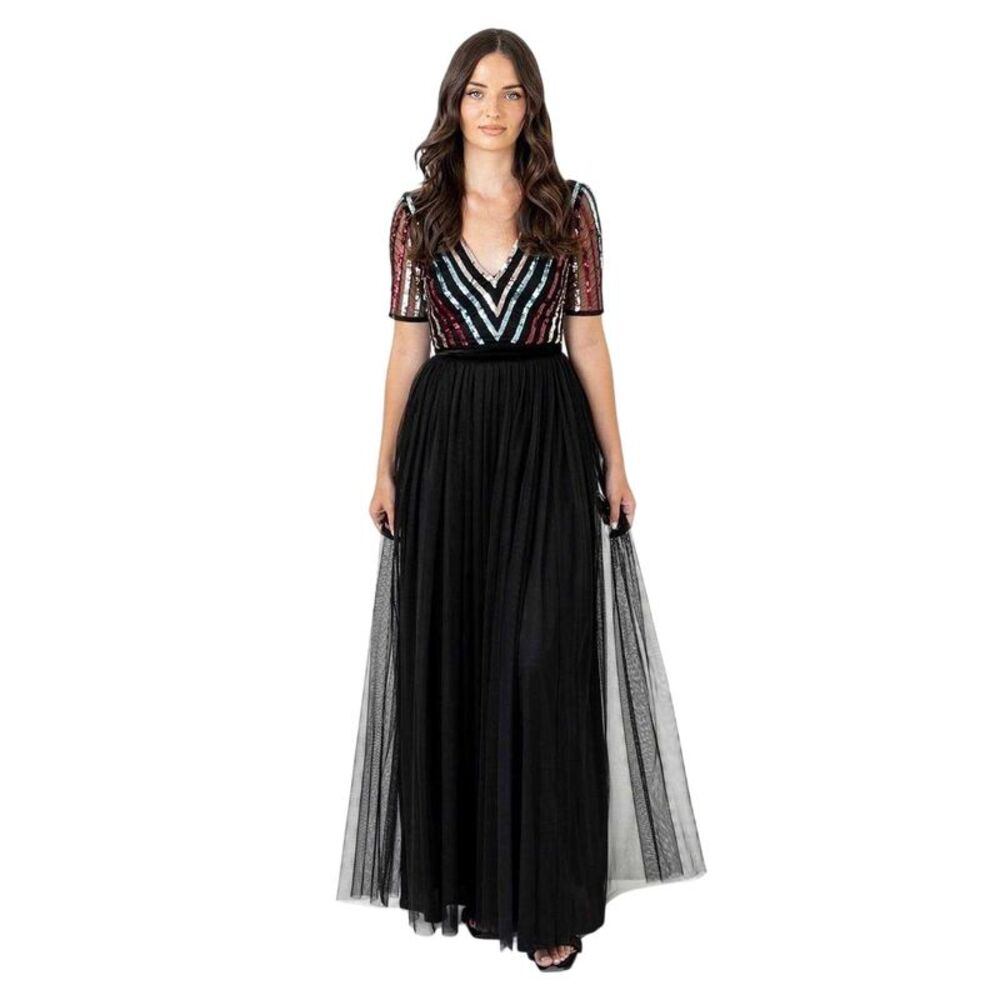 Maya Deluxe Womens/Ladies Sequin V Neck Short-Sleeved Maxi Dress / Black